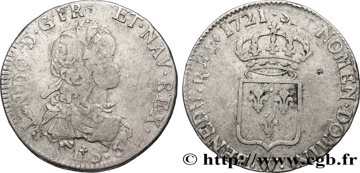 LOUIS XV  THE WELL-BELOVED  Demi-écu de France 1721 Lille VF/VF