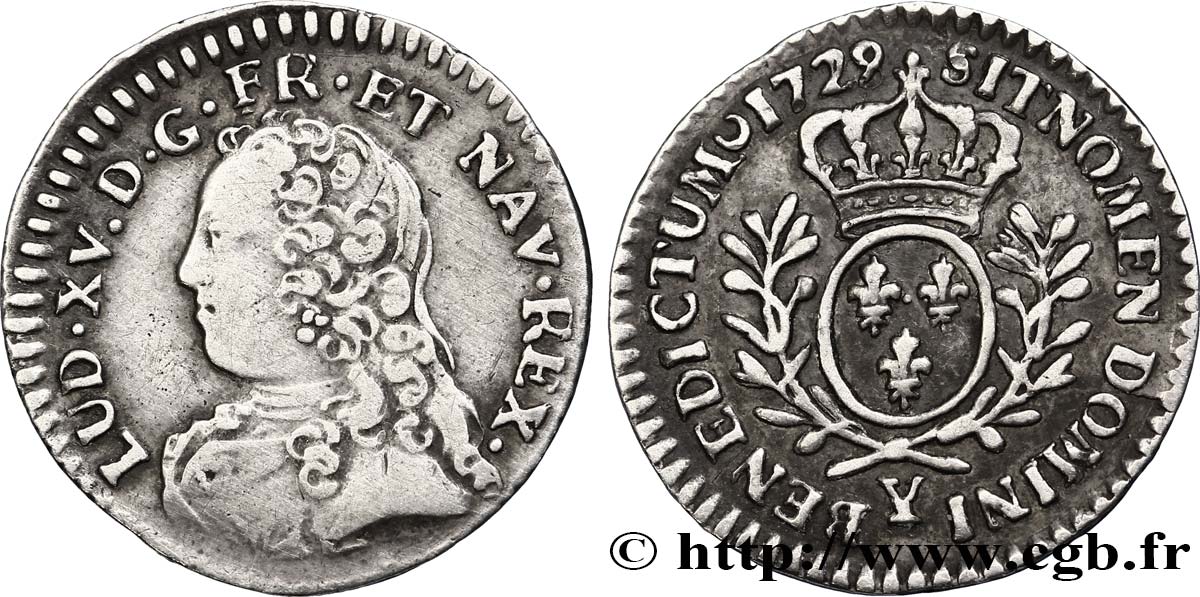 LOUIS XV  THE WELL-BELOVED  Vingtième d’écu aux branches d’olivier, buste habillé 1729 Bourges q.SPL/SPL