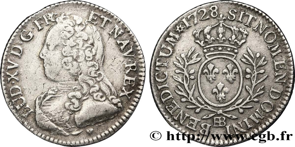 LOUIS XV  THE WELL-BELOVED  Cinquième d écu aux branches d olivier, buste habillé 1728 Strasbourg q.BB