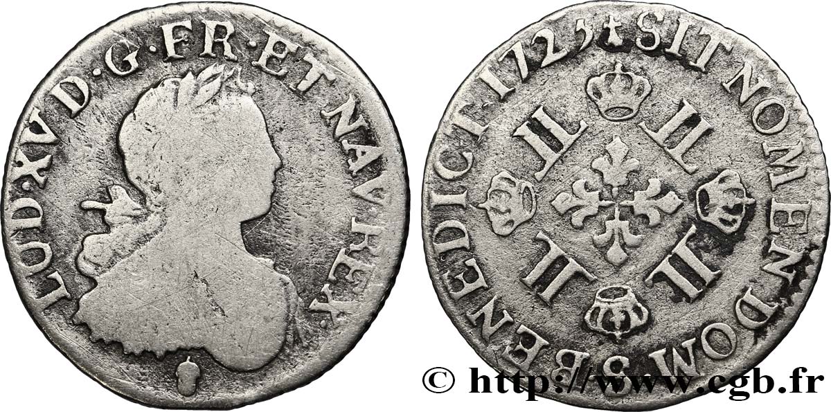 LOUIS XV DIT LE BIEN AIMÉ Huitième d’écu à la croix fleurdelisée couronnée et aux huit L 1725 Reims B/TB