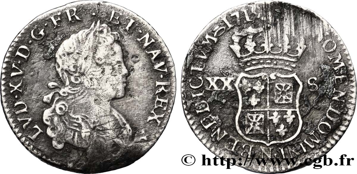 LOUIS XV THE BELOVED XX sols de Navarre 1719 Montpellier VF/VF