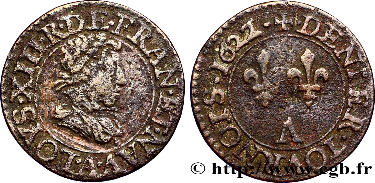 LOUIS XIII LE JUSTE Denier tournois, type 3 1622 Paris TB+