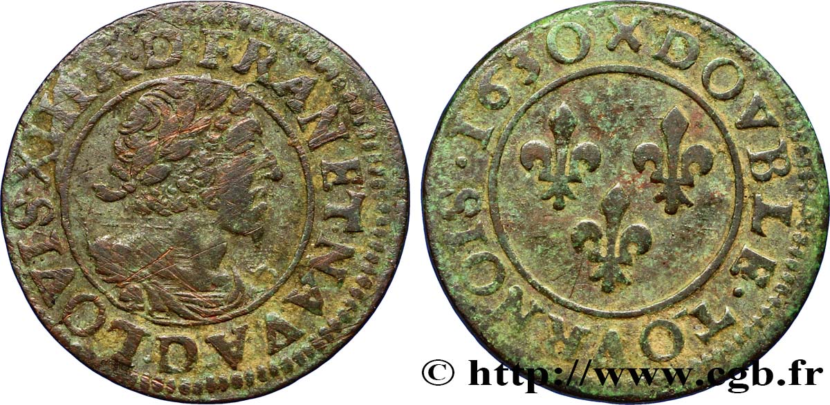 LOUIS XIII LE JUSTE Double tournois, type 7 de Lyon, buste viril barbu et drapé 1630 Lyon TB+/TTB