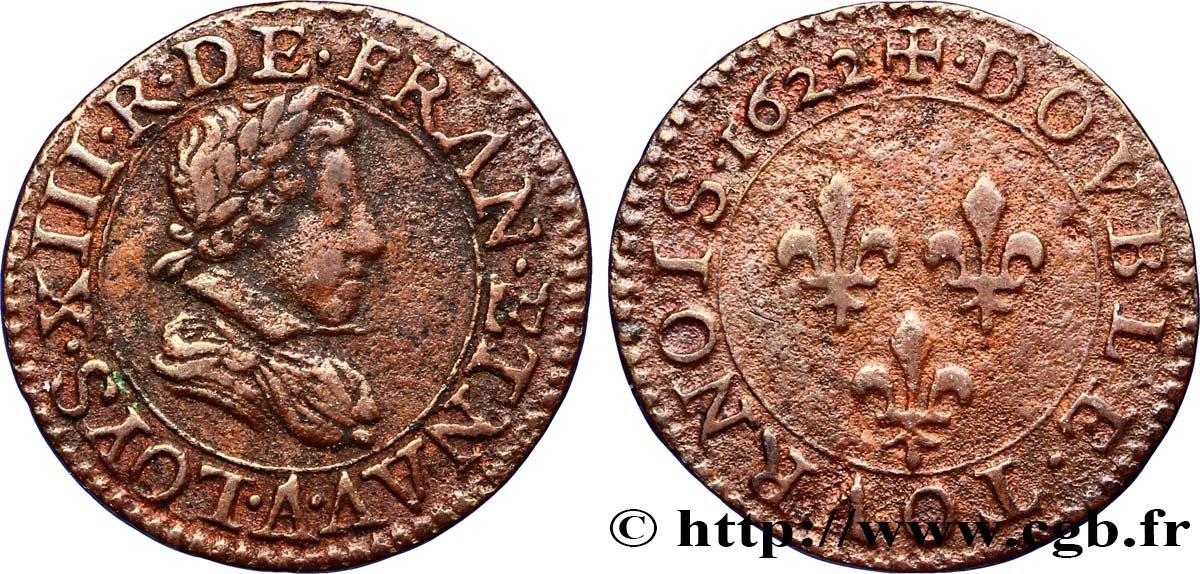 LOUIS XIII LE JUSTE Double tournois, type 2 de Paris 1622 Paris TTB