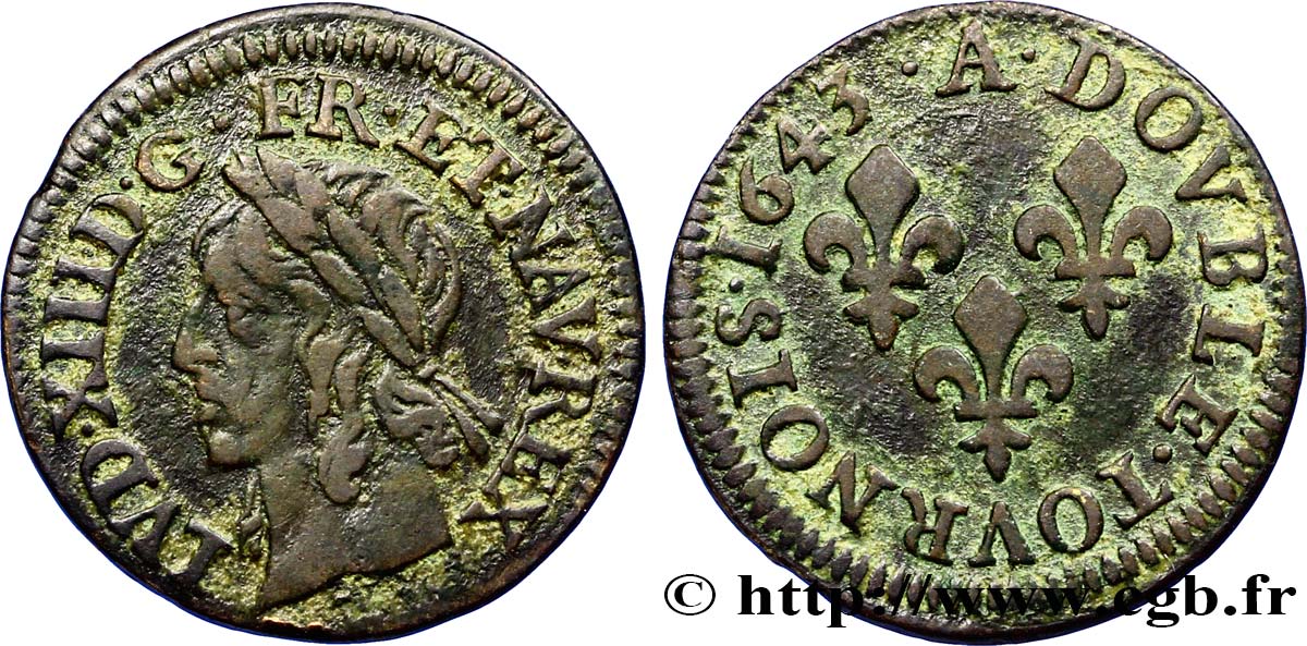 LOUIS XIII LE JUSTE Double tournois, type de Warin 1643 Corbeil TTB