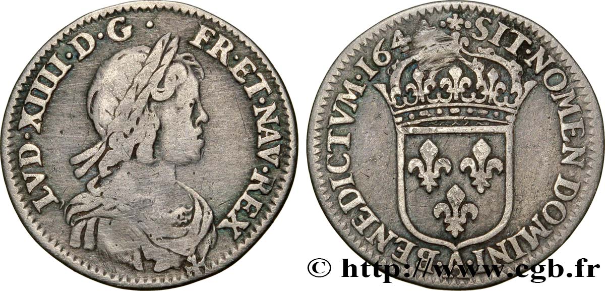 LOUIS XIV LE GRAND OU LE ROI SOLEIL Douzième d écu à la mèche courte 1644 Paris, Monnaie de Matignon TB