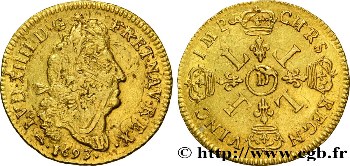 LOUIS XIV LE GRAND OU LE ROI SOLEIL Louis d or aux quatre L 1693 Lyon TB+/TTB