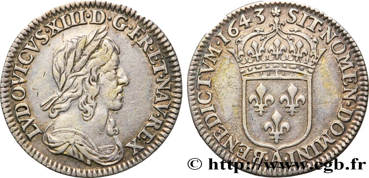 LOUIS XIII LE JUSTE Douzième d écu, buste drapé et cuirassé (2e buste de Jean Warin) 1643 Paris, Monnaie de Matignon TTB+