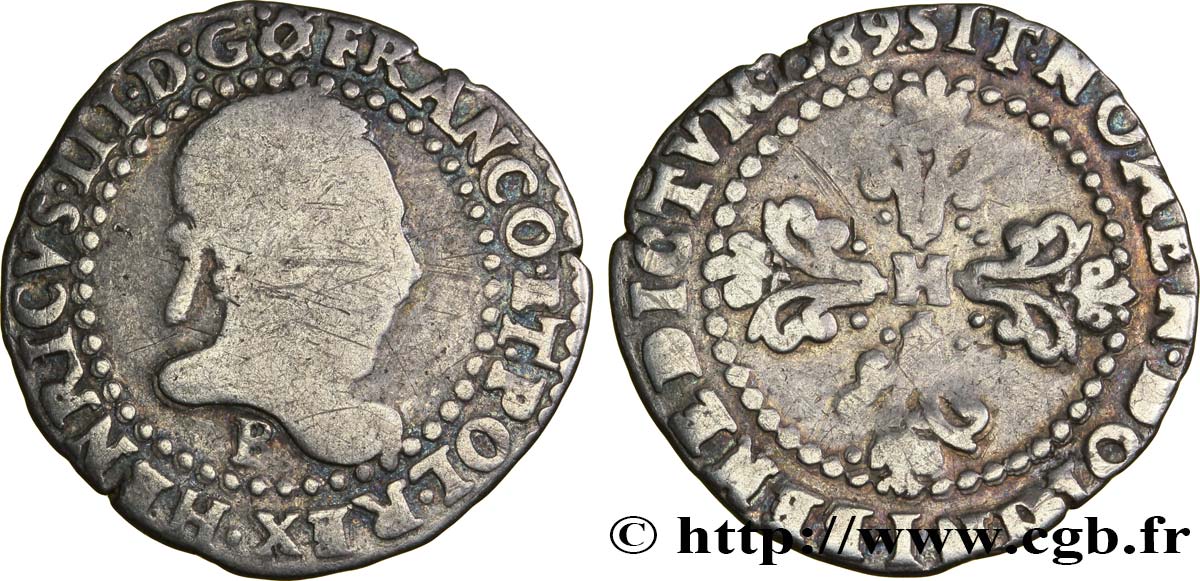 HENRY III Quart de franc au col plat 1589 Rouen VF