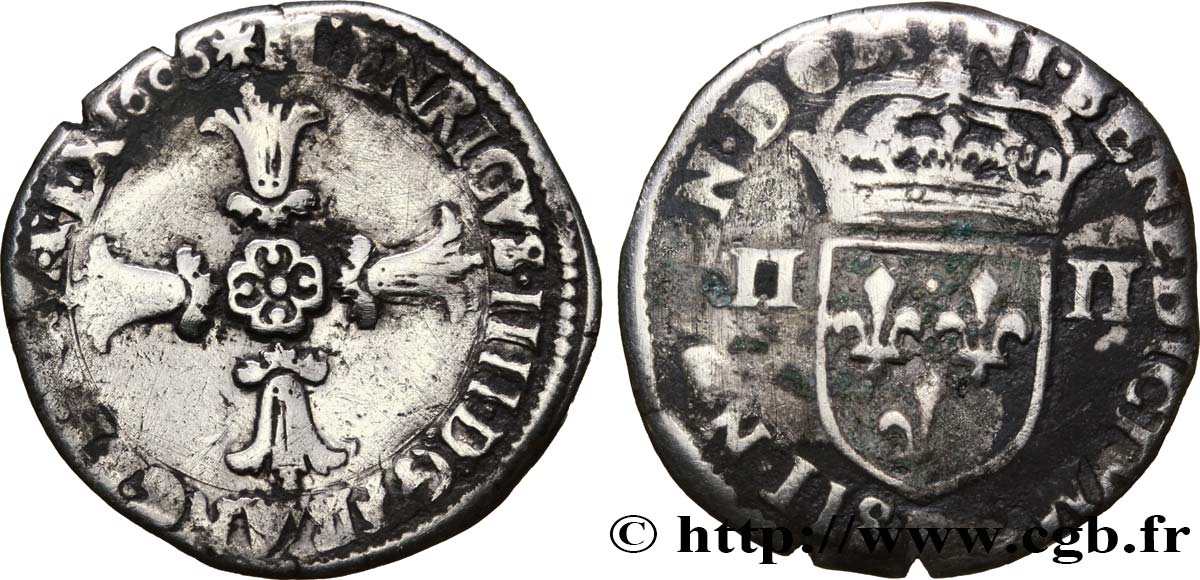 HENRI IV LE GRAND Quart d écu, croix feuillue de face 1606 Angers TB/B+
