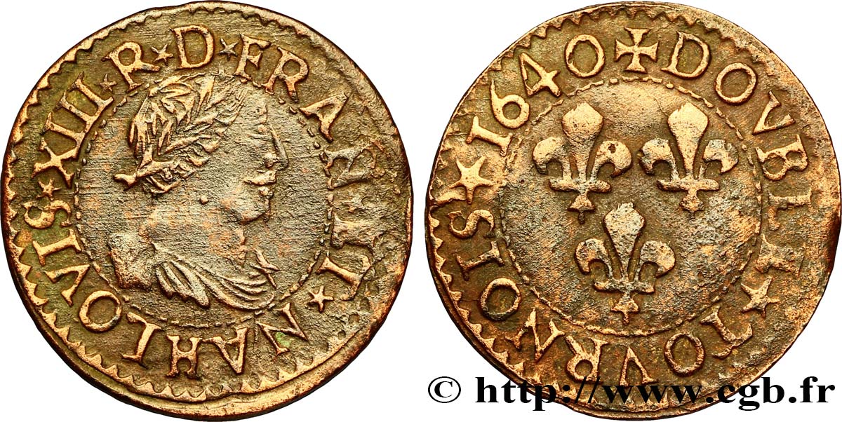 LOUIS XIII LE JUSTE Double tournois, 15e type de La Rochelle 1640 La Rochelle TTB+