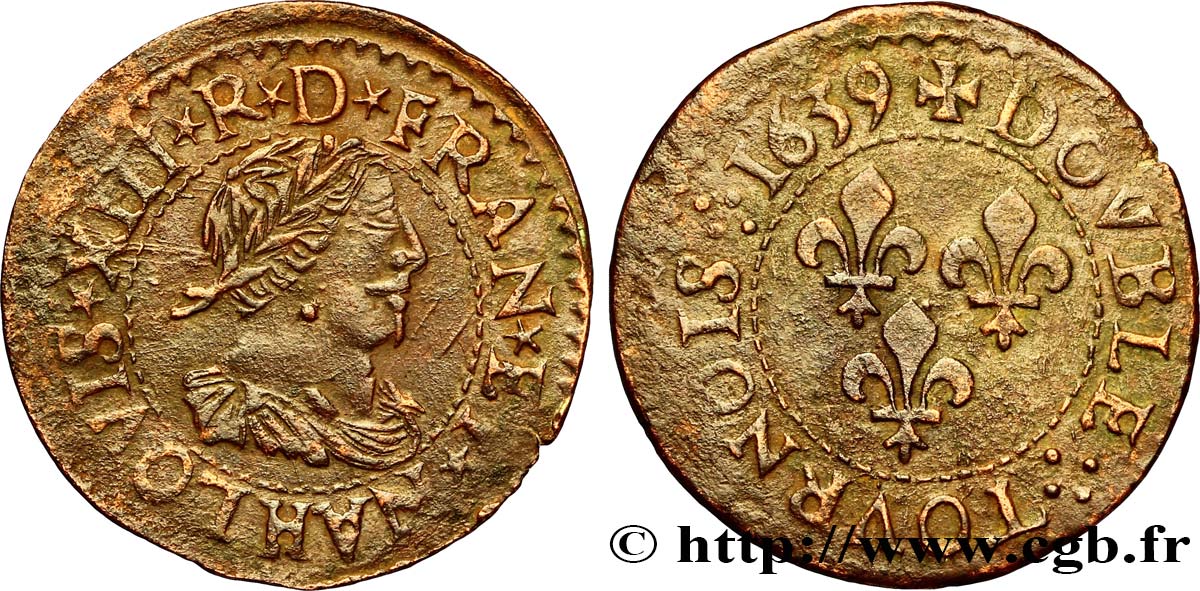 LOUIS XIII LE JUSTE Double tournois, type 14 1639 La Rochelle TTB+/TTB