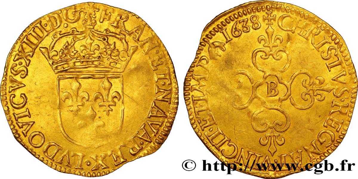 LOUIS XIII  Écu d or au soleil, à la croix anillée fleurdelisée 1638 Rouen AU