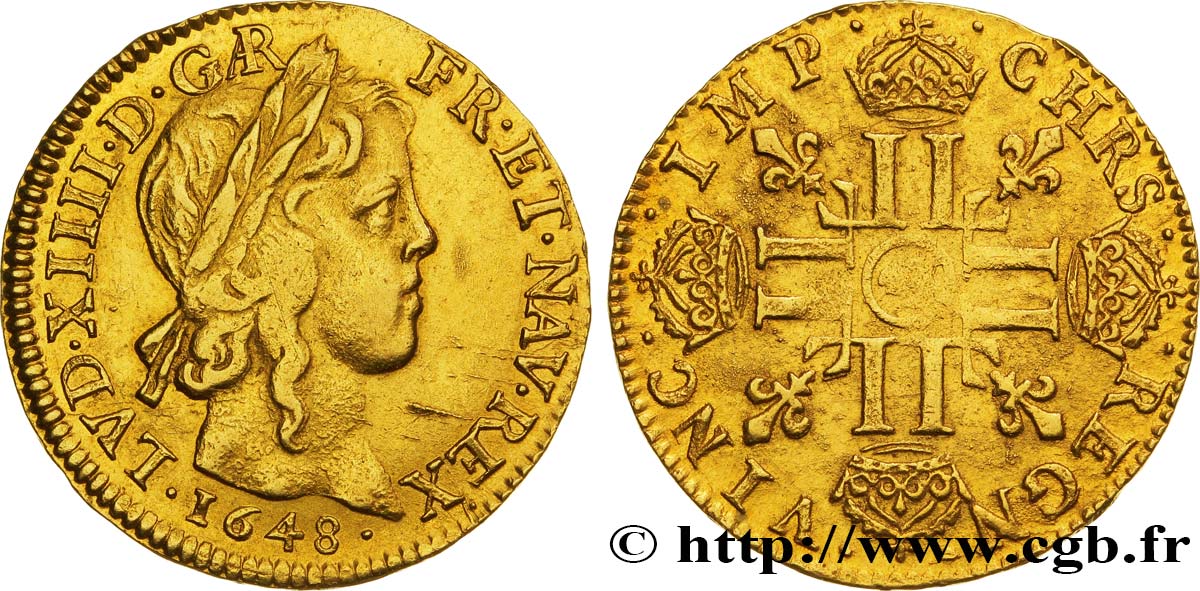 LOUIS XIV  THE SUN KING  Louis d’or aux huit L, portrait à la mèche longue 1648 Arras XF