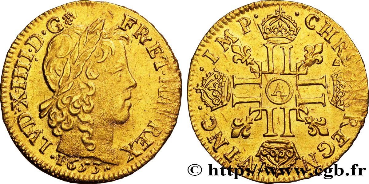 LOUIS XIV  THE SUN KING  Louis d’or aux huit L, portrait à la mèche longue 1653 Paris EBC