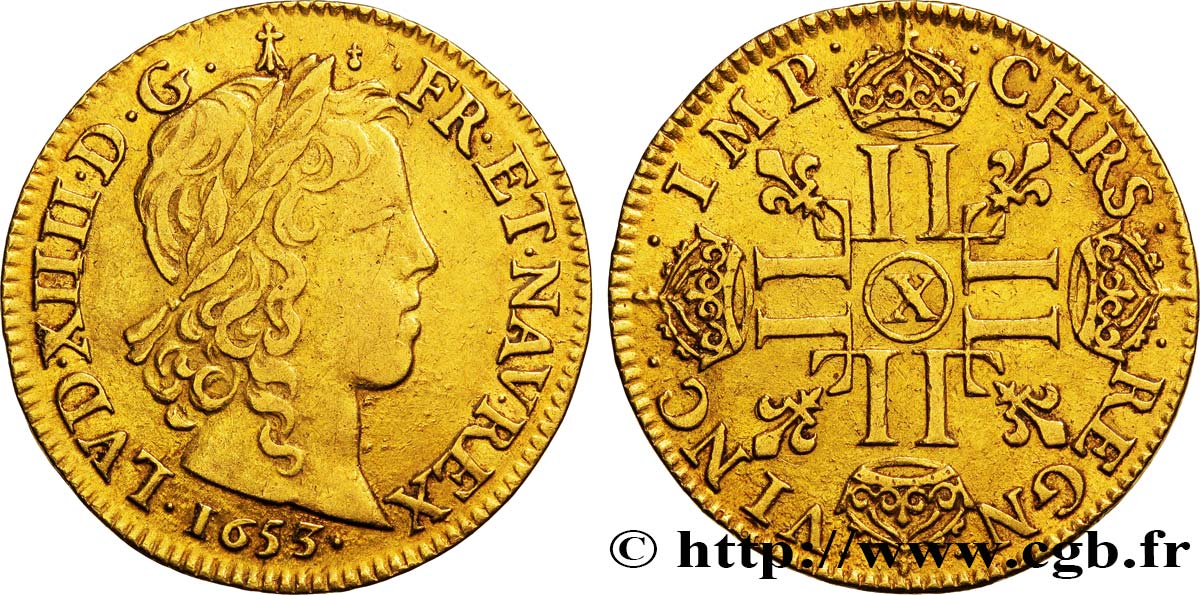 LOUIS XIV  THE SUN KING  Louis d’or aux huit L, portrait à la mèche longue 1653 Amiens BB/q.SPL