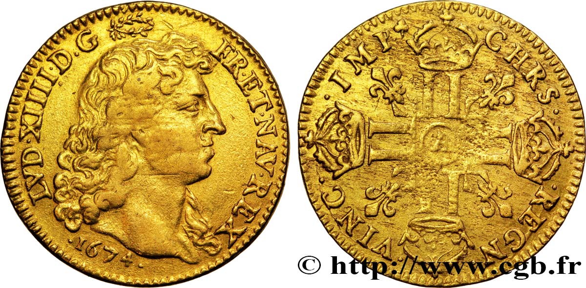 LOUIS XIV LE GRAND OU LE ROI SOLEIL Louis d’or aux huit L, portrait à la tête nue 1674 Paris TTB/TB+