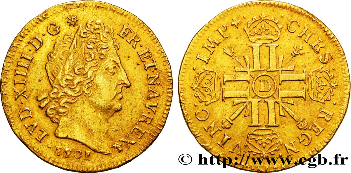 LOUIS XIV  THE SUN KING  Louis d’or aux huit L et aux insignes 1701 Lyon SS
