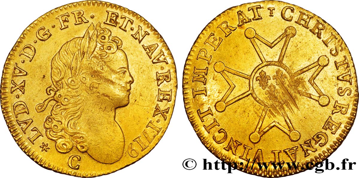 LOUIS XV DIT LE BIEN AIMÉ Louis d’or à la croix de chevalier 1719 Caen TTB+/SUP