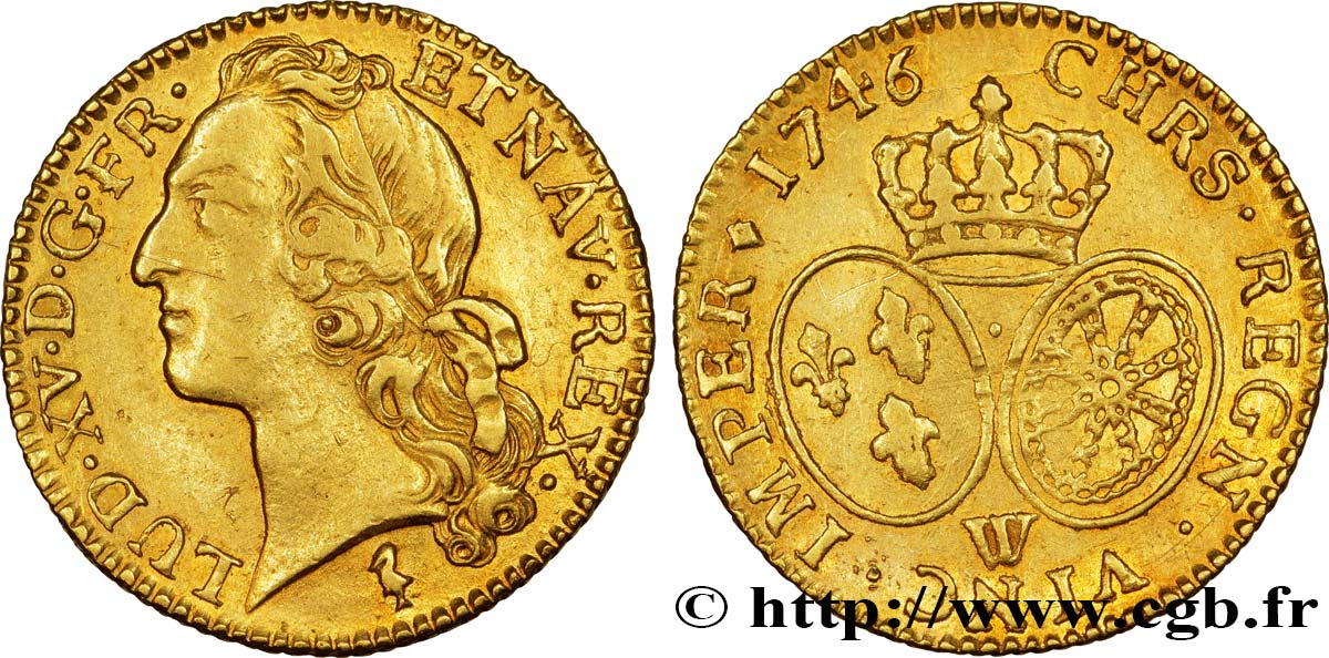 LOUIS XV  THE WELL-BELOVED  Louis d’or aux écus ovales, tête ceinte d’un bandeau 1746 Lille SS/fVZ