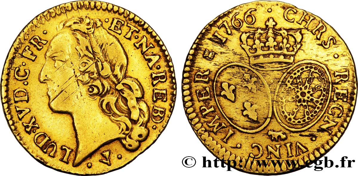 LOUIS XV DIT LE BIEN AIMÉ Louis d’or aux écus ovales, tête ceinte d’un bandeau 1766 Pau TB+/TTB