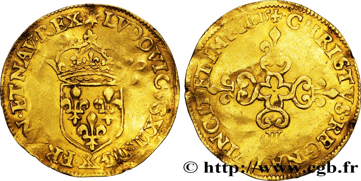 LOUIS XIII  Écu d or au soleil, à la croix anillée fleurdelisée 1615 Amiens BC+