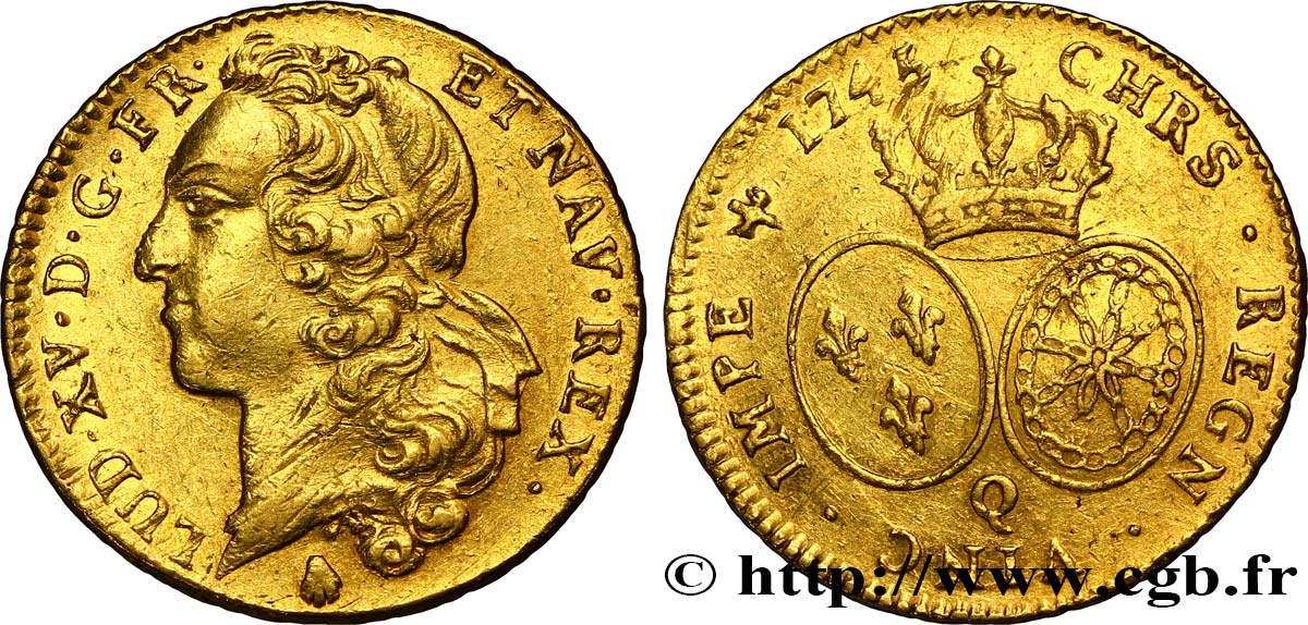 LOUIS XV THE BELOVED Double louis d’or aux écus ovales, tête ceinte d’un bandeau 1745 Perpignan XF