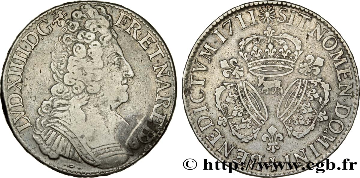 LOUIS XIV  THE SUN KING  Écu aux trois couronnes 1711 Pau VF/XF