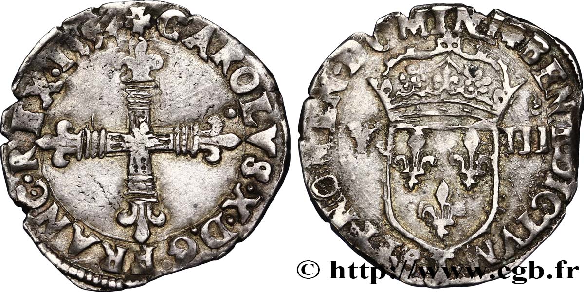 CHARLES X, CARDINAL DE BOURBON Huitième d&nbsp;écu, croix de face 1594 Nantes TB+