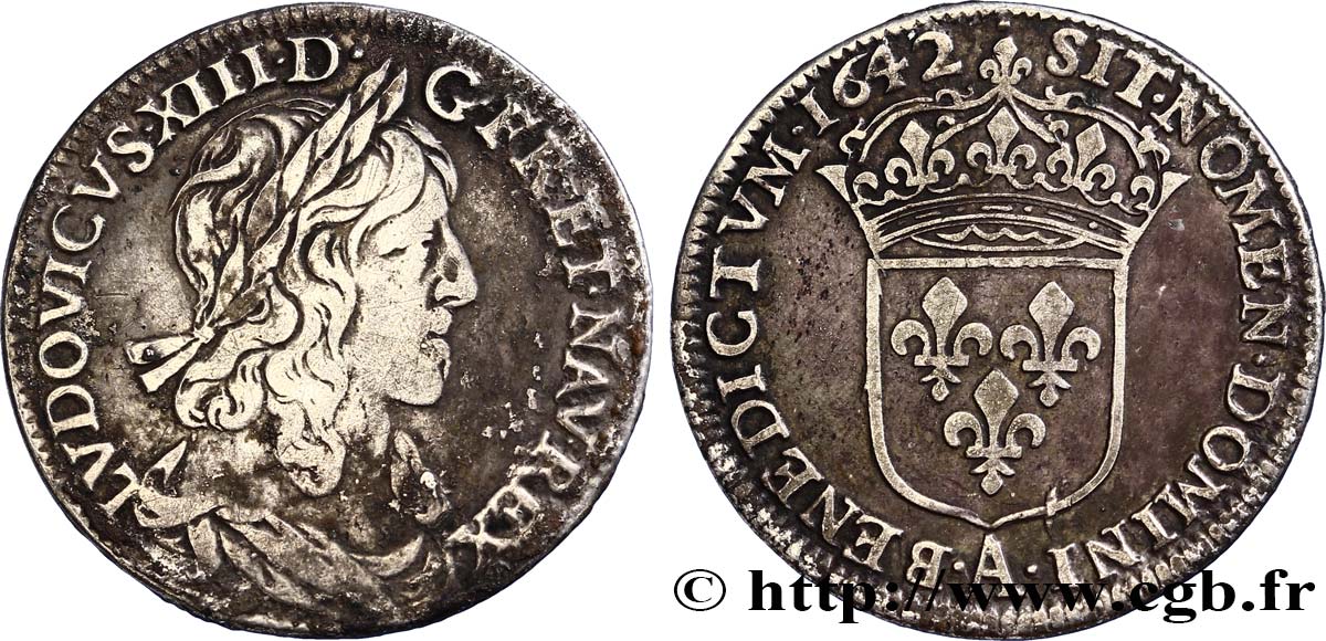 LOUIS XIII LE JUSTE Quart d&nbsp;écu, buste drapé (1er buste de Jean Warin) 1642 Paris, Monnaie du Louvre TB+/TTB