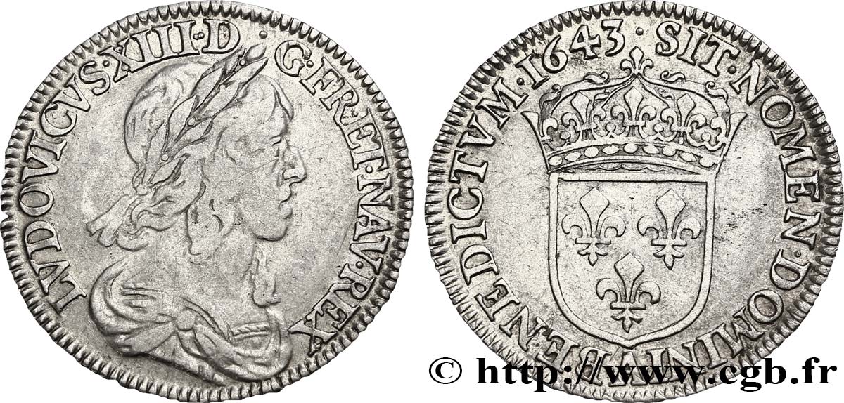 LOUIS XIII LE JUSTE Quart d écu, buste drapé et cuirassé (2e buste de Jean Warin) 1643 Paris, Monnaie du Louvre TB+/TTB