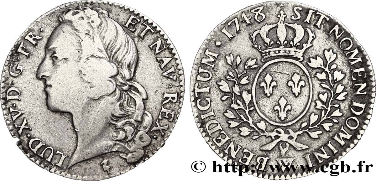 LOUIS XV DIT LE BIEN AIMÉ Demi-écu aux branches d’olivier, tête ceinte d’un bandeau 1748 Lille TB+/TTB