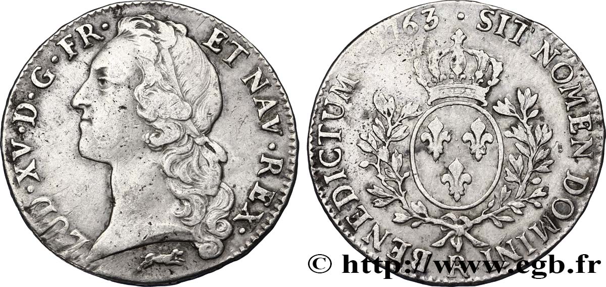 LOUIS XV DIT LE BIEN AIMÉ Écu aux branches d’olivier, tête ceinte d’un bandeau 1763 Orléans TB+