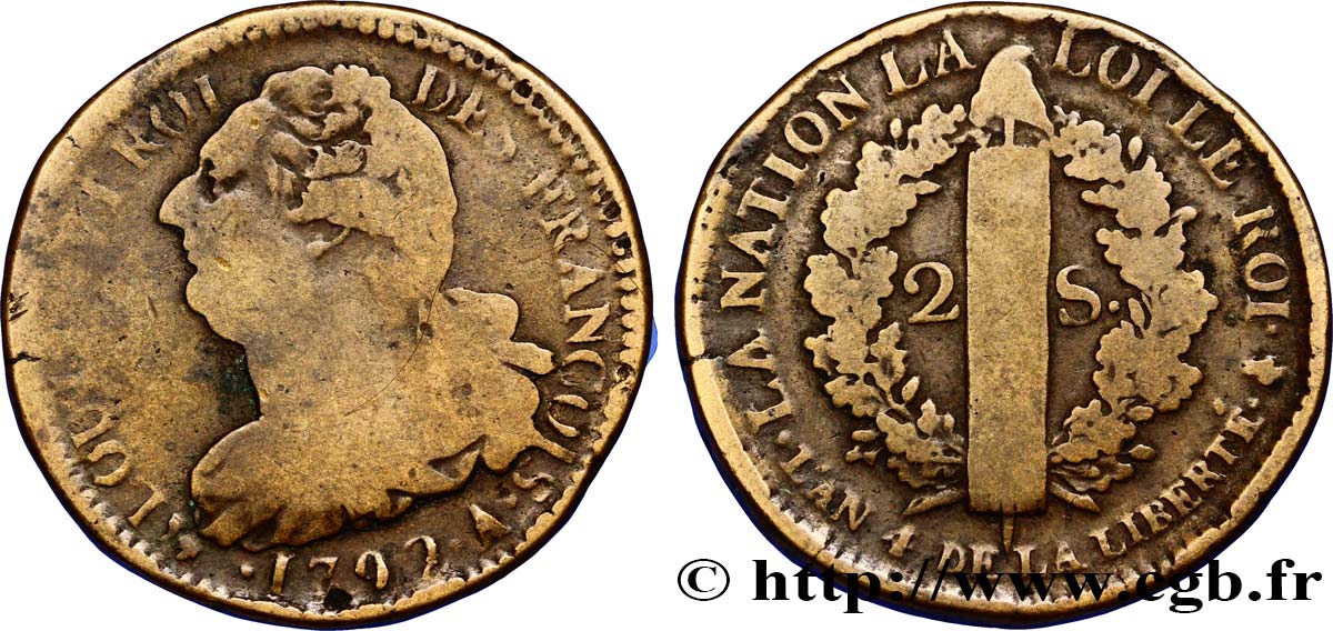 LOUIS XVI (MONARQUE CONSTITUTIONNEL)  2 sols dit  au faisceau , type FRANÇOIS 1792 Paris TB