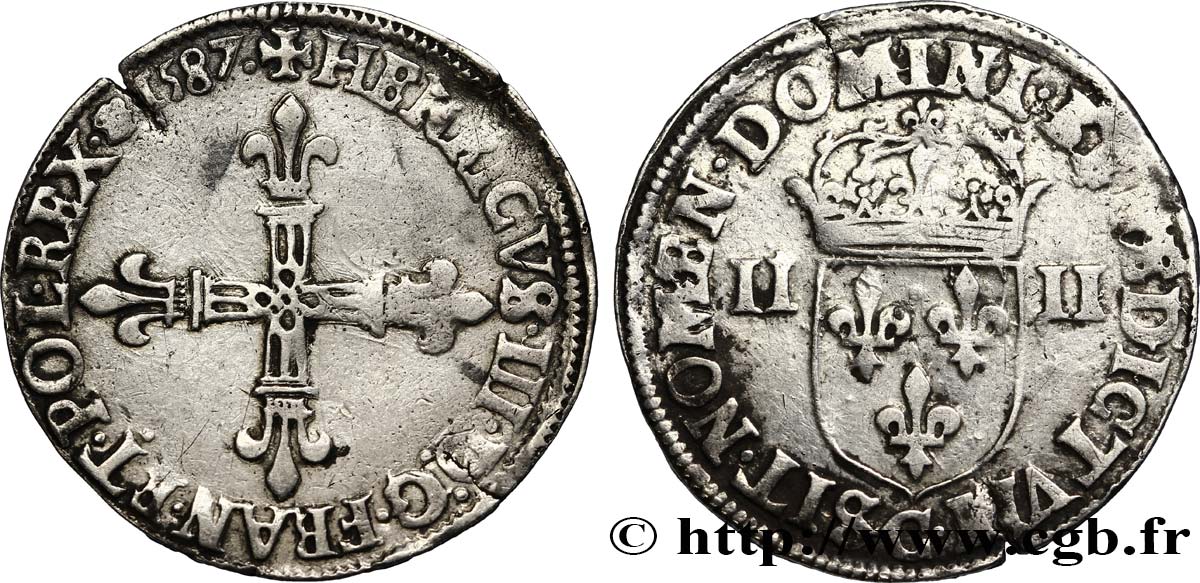 HENRI III Quart d&nbsp;écu, croix de face 1587 Saint-Lô TTB