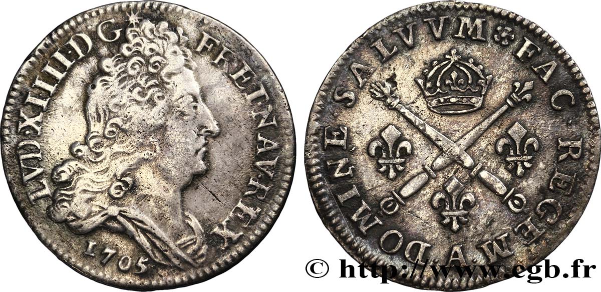 LOUIS XIV LE GRAND OU LE ROI SOLEIL 10 sols aux insignes 1705 Paris TTB