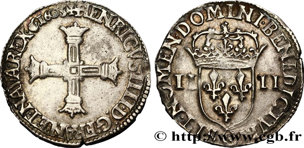 HENRI IV LE GRAND Quart d écu, croix bâtonnée et couronnée de face 1605 Saint-Lô TTB