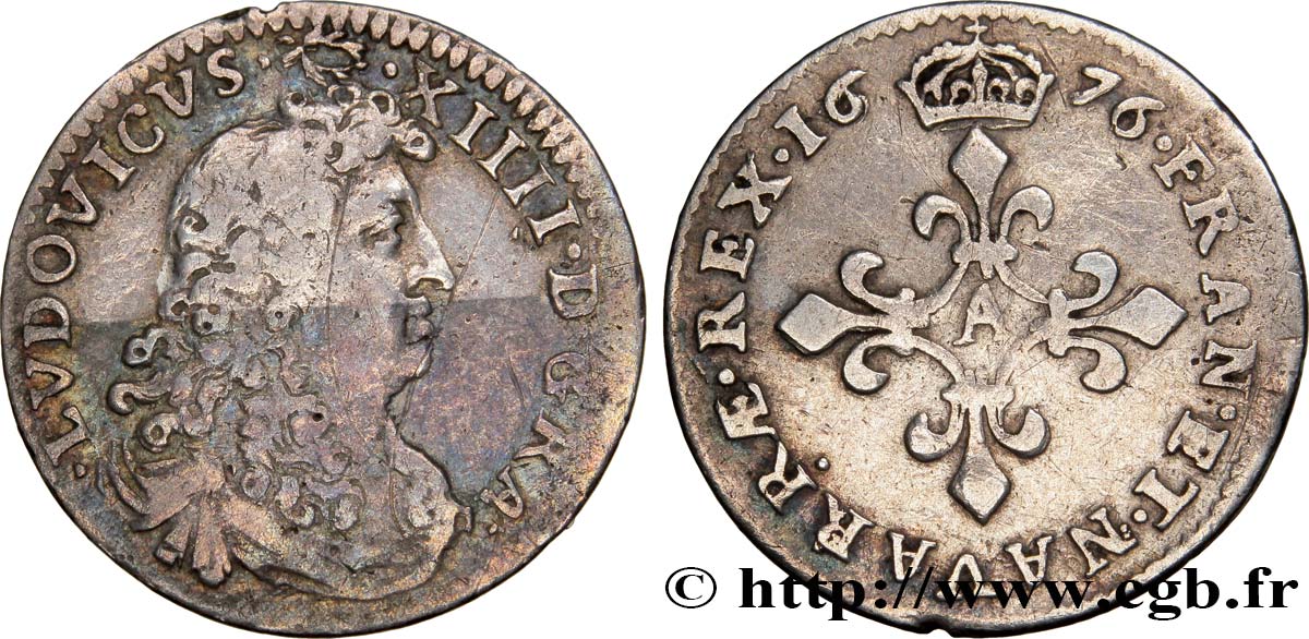 LOUIS XIV  THE SUN KING  Quatre sols à la croix formée de lis 1676 Paris VF