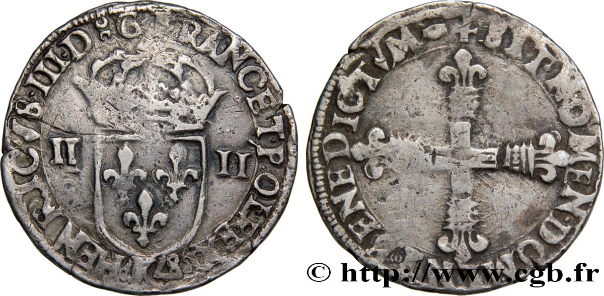 HENRI III Quart d&nbsp;écu, écu de face 1587 Bordeaux TB+