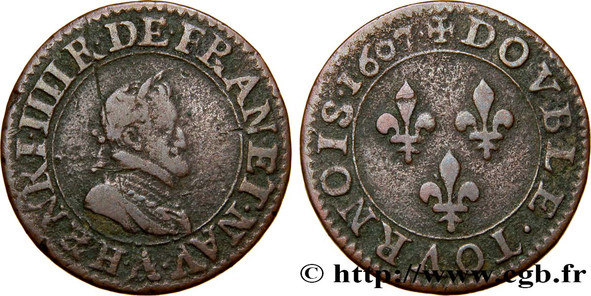 HENRI IV LE GRAND Double tournois, 2e type de Paris (légende française) 1607 Paris, Moulin des Étuves TB+
