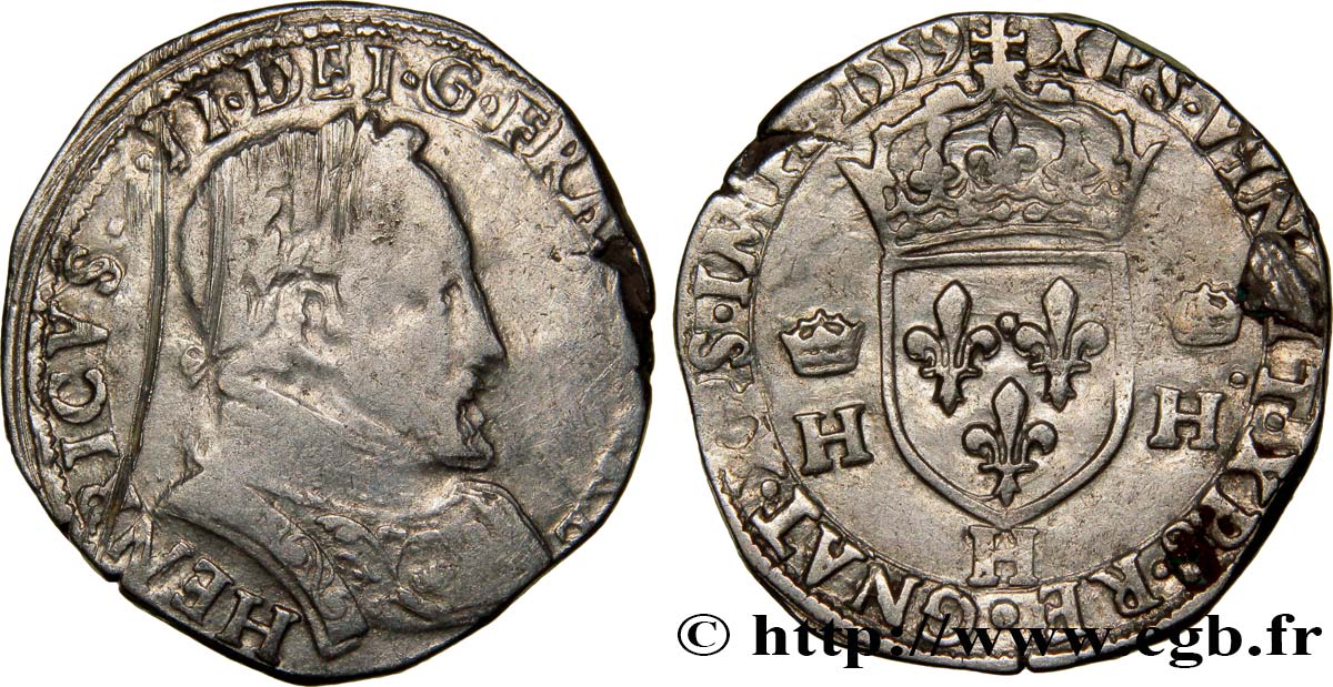 FRANÇOIS II. MONNAYAGE AU NOM D HENRI II Teston au buste lauré, 2e type 1559 La Rochelle TB/TB+