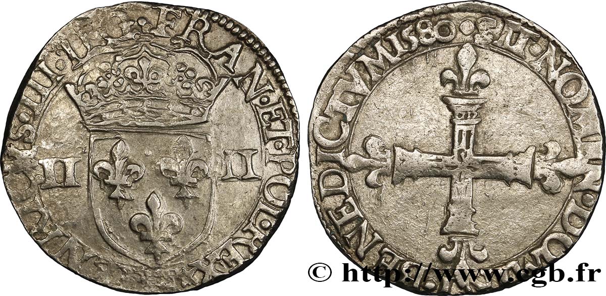 HENRI III Quart d écu, écu de face 1580 Tours TTB