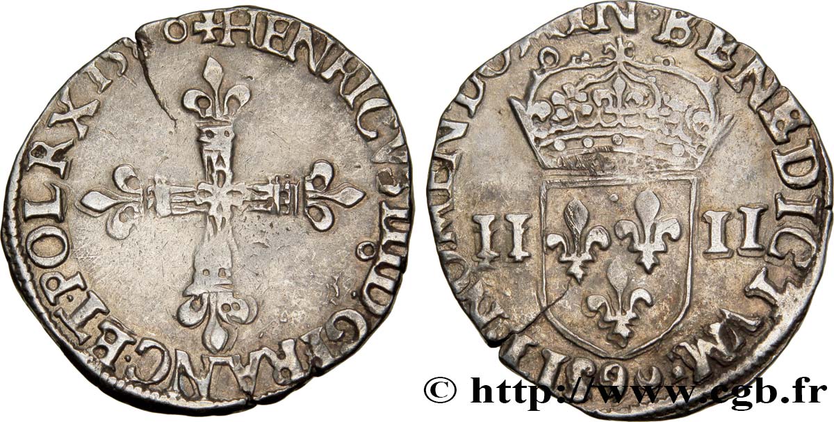 HENRY III Quart d écu, croix de face 1580 Rennes MBC+