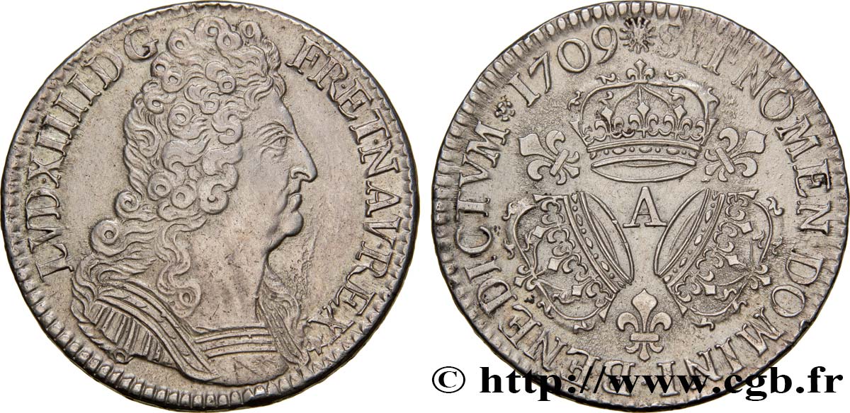 LOUIS XIV LE GRAND OU LE ROI SOLEIL Demi-écu aux trois couronnes 1709 Paris TTB+