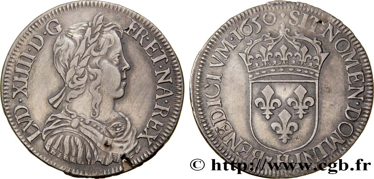 LOUIS XIV LE GRAND OU LE ROI SOLEIL Demi-écu, portrait à la mèche longue 1650 La Rochelle TTB