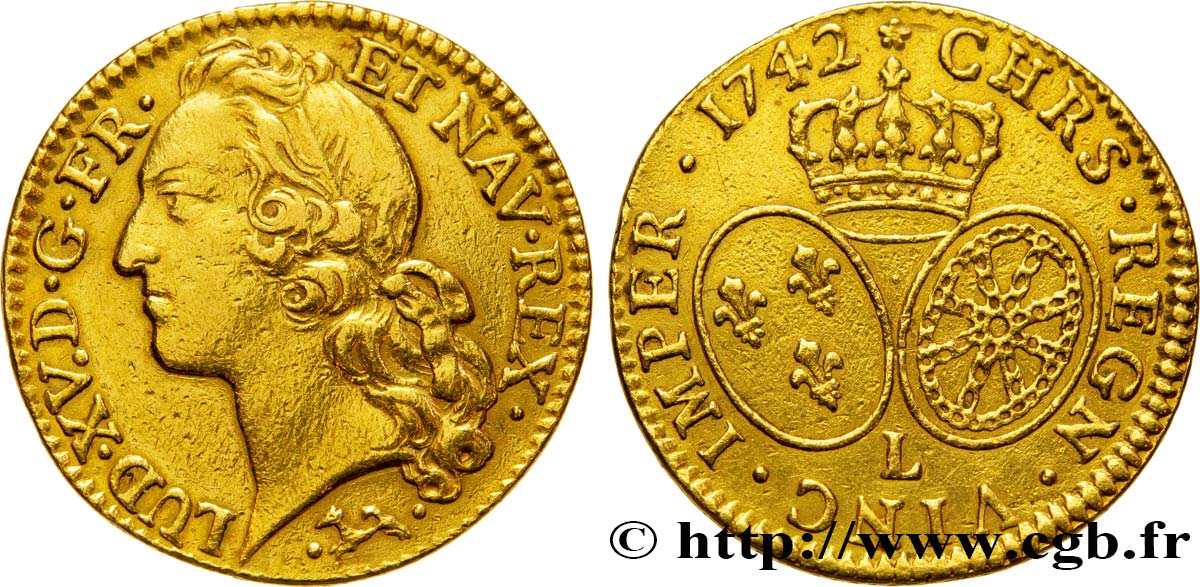 LOUIS XV  THE WELL-BELOVED  Louis d’or aux écus ovales, tête ceinte d’un bandeau 1742 Bayonne VF