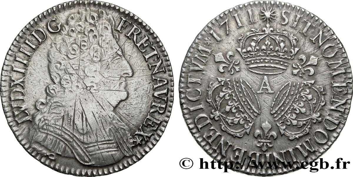 LOUIS XIV  THE SUN KING  Demi-écu aux trois couronnes 1711 Paris VF/XF