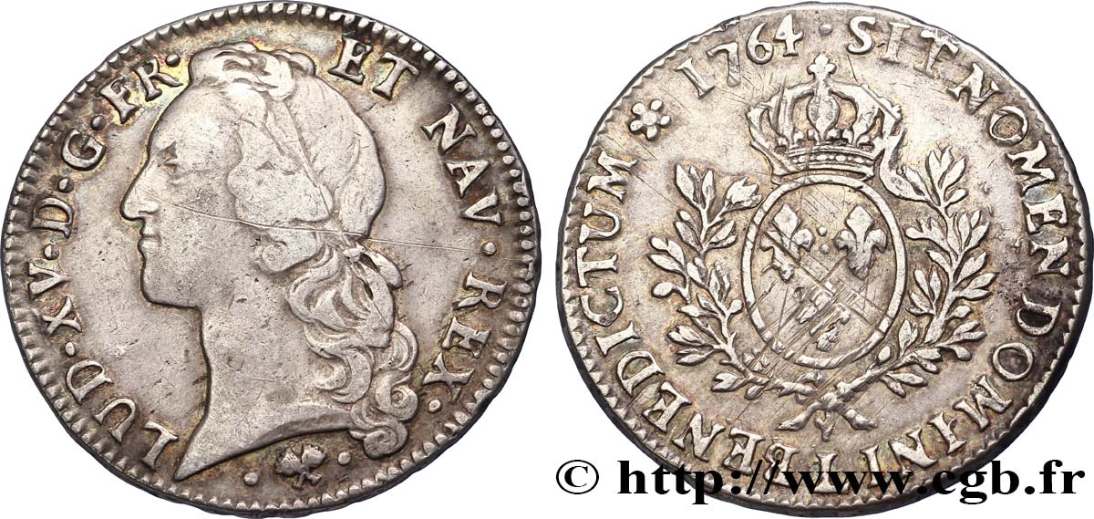 LOUIS XV THE BELOVED Écu aux branches d’olivier, tête ceinte d’un bandeau 1764 Bayonne VF/XF