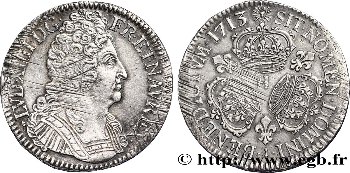 LOUIS XIV  THE SUN KING  Écu aux trois couronnes 1713 La Rochelle BB/q.SPL