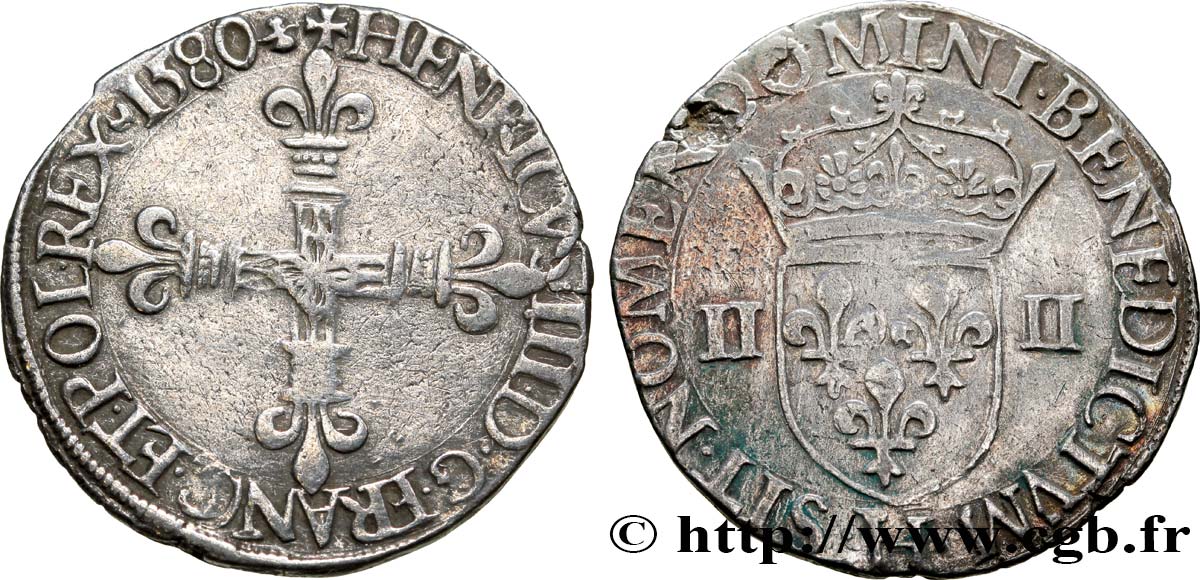 HENRY III Quart d écu, croix de face 1580 La Rochelle MBC